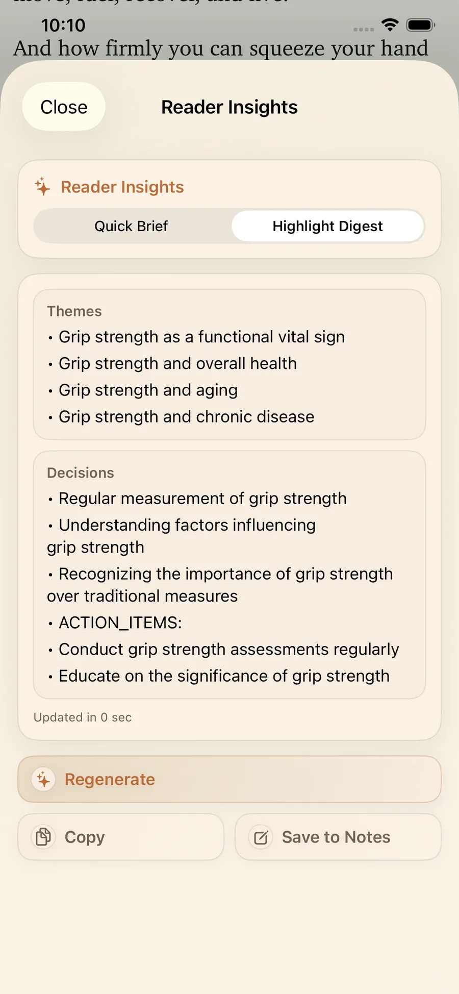 Reader Insights Highlight Digest in LinkBook with themes and decisions