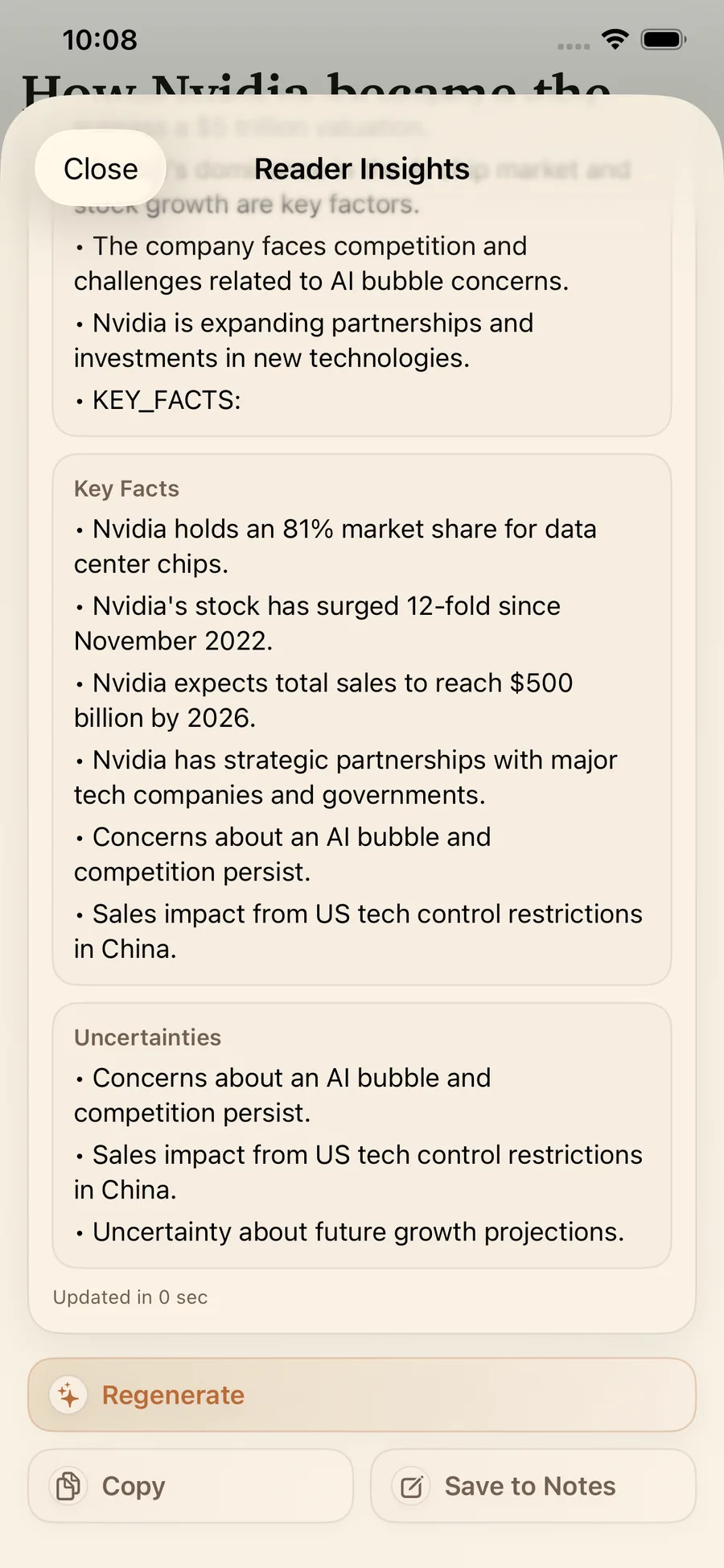 Reader Insights Quick Brief output with key facts and uncertainties