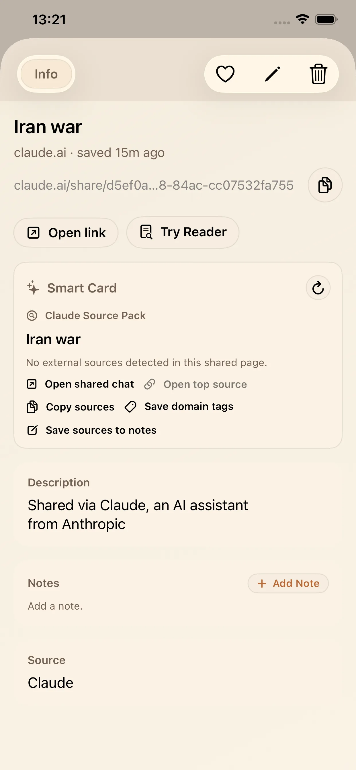 Claude Source Pack smart card in LinkBook on iPhone showing actions and summary