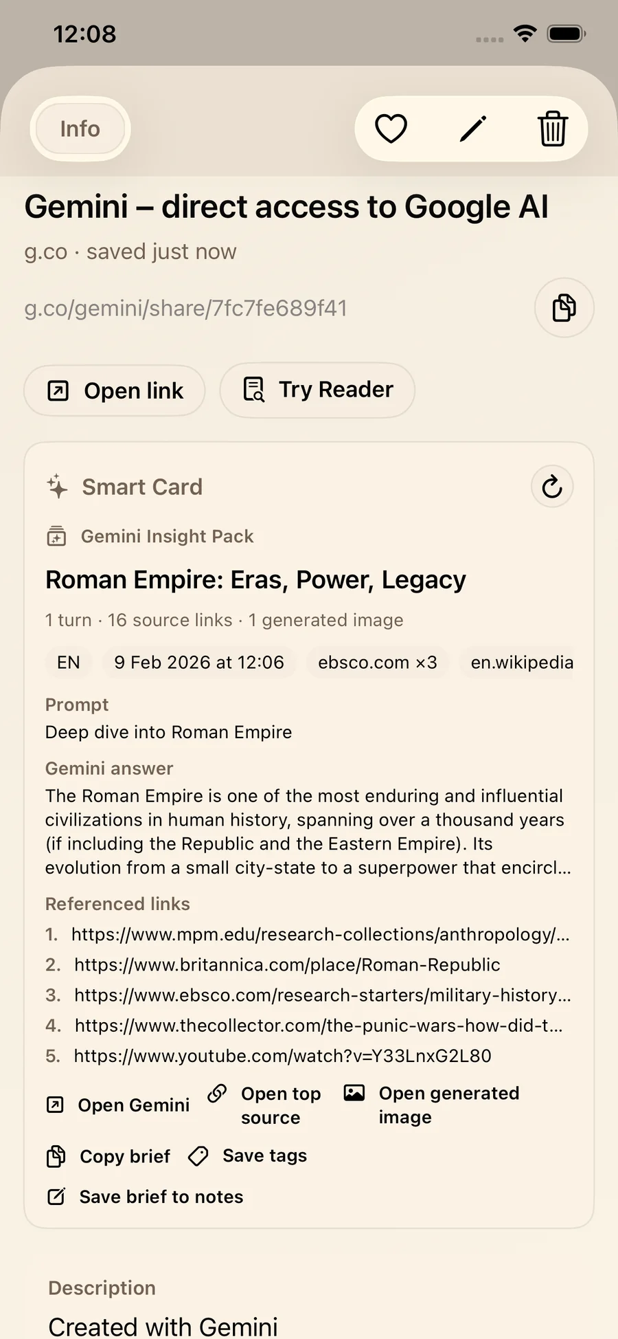 Gemini Insight Pack in LinkBook showing prompt, answer preview, source links, and generated image