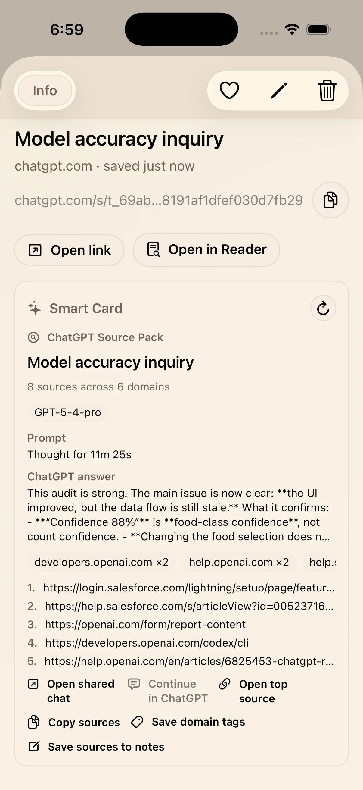 Upgraded ChatGPT Source Pack in LinkBook showing prompt preview, answer preview, and source actions
