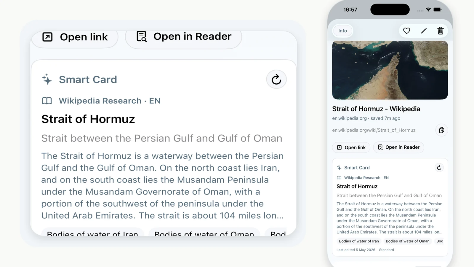 LinkBook research cards for saved sources on iPhone