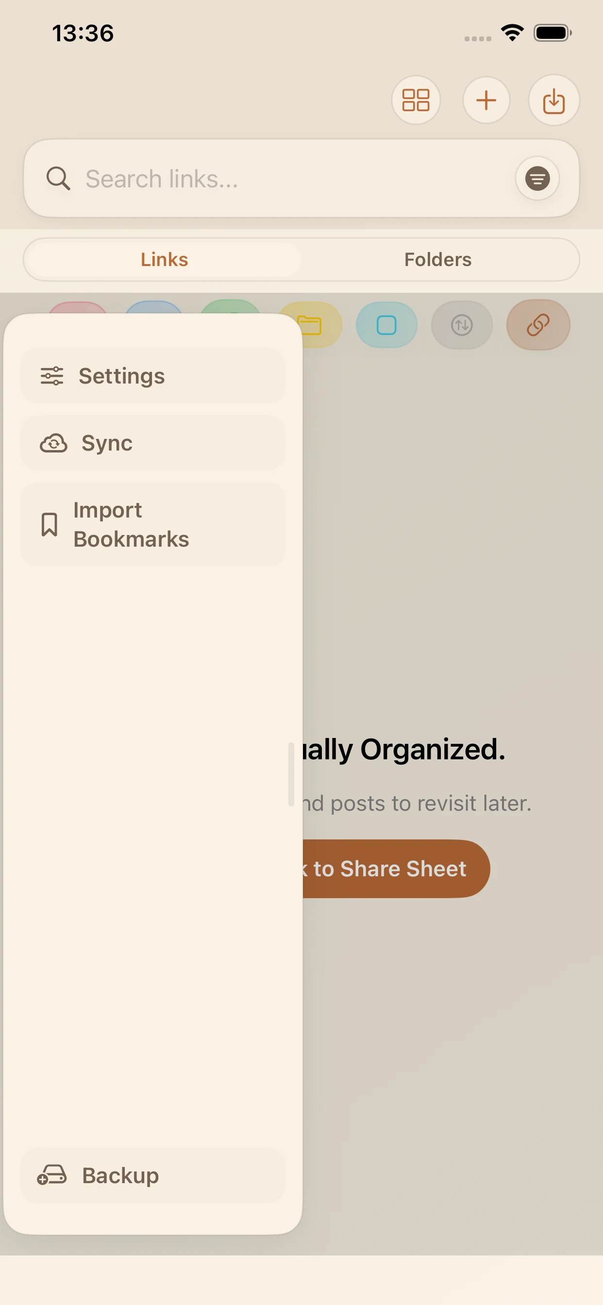 LinkBook settings menu on iPhone showing the Import Bookmarks option