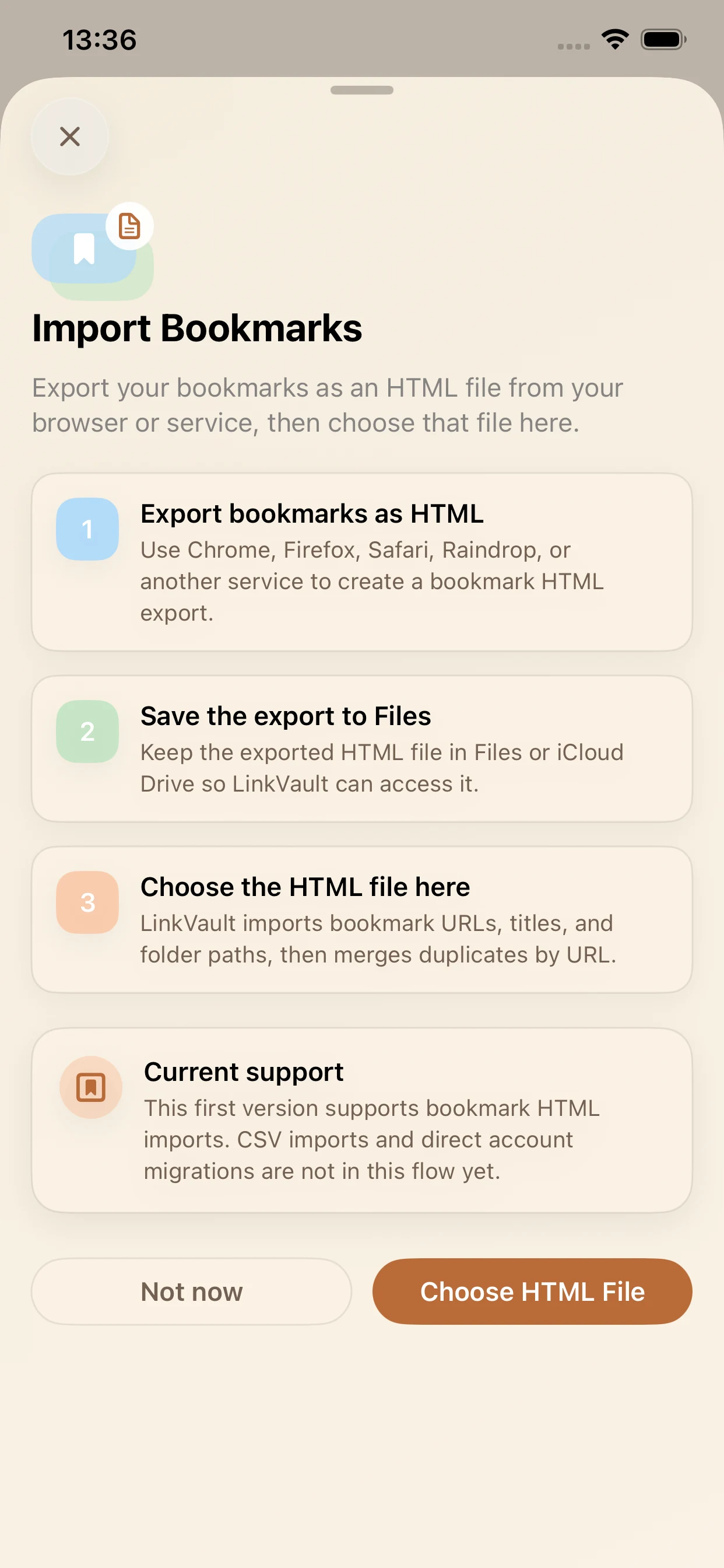 Import Bookmarks sheet in LinkBook on iPhone explaining HTML export steps and current support