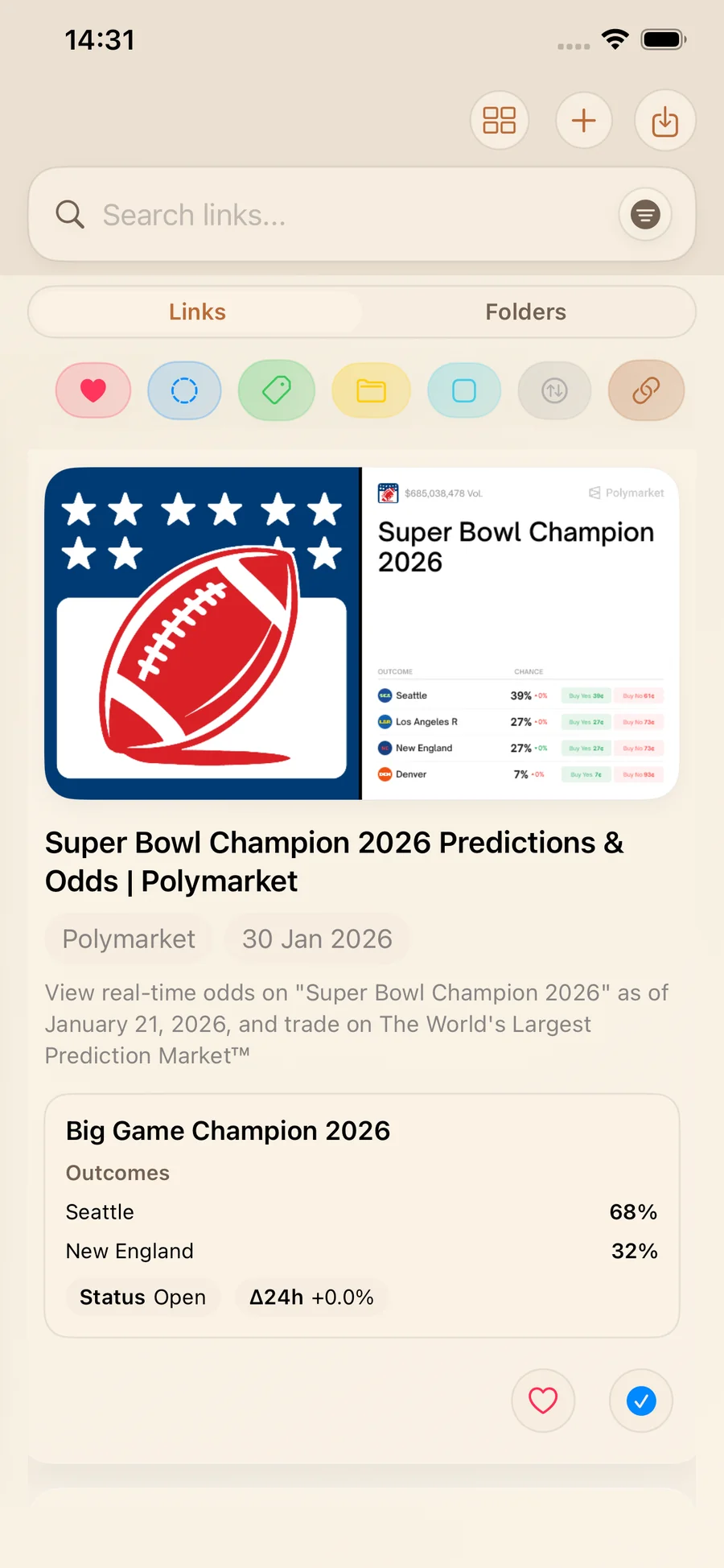Polymarket smart card in LinkBook feed showing outcomes, percentages, status, and Δ24h movement