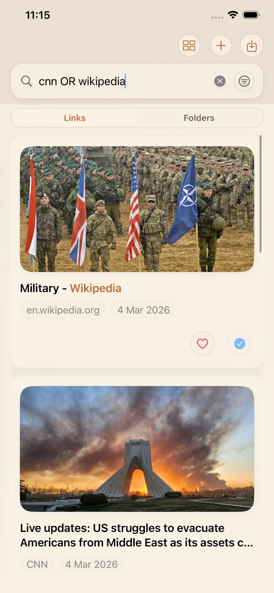 Premium Search in LinkBook showing query cnn OR wikipedia and two matching results