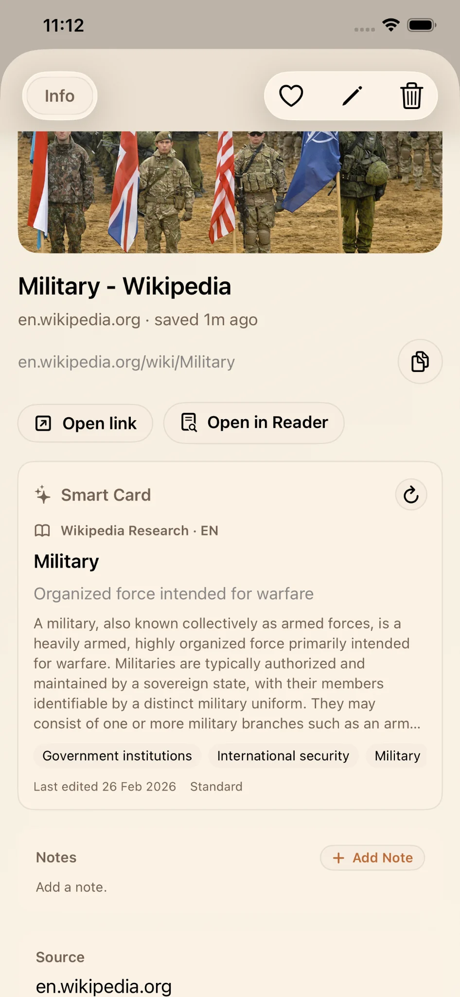 Wikipedia Military link detail with Smart Card summary and tags in LinkBook