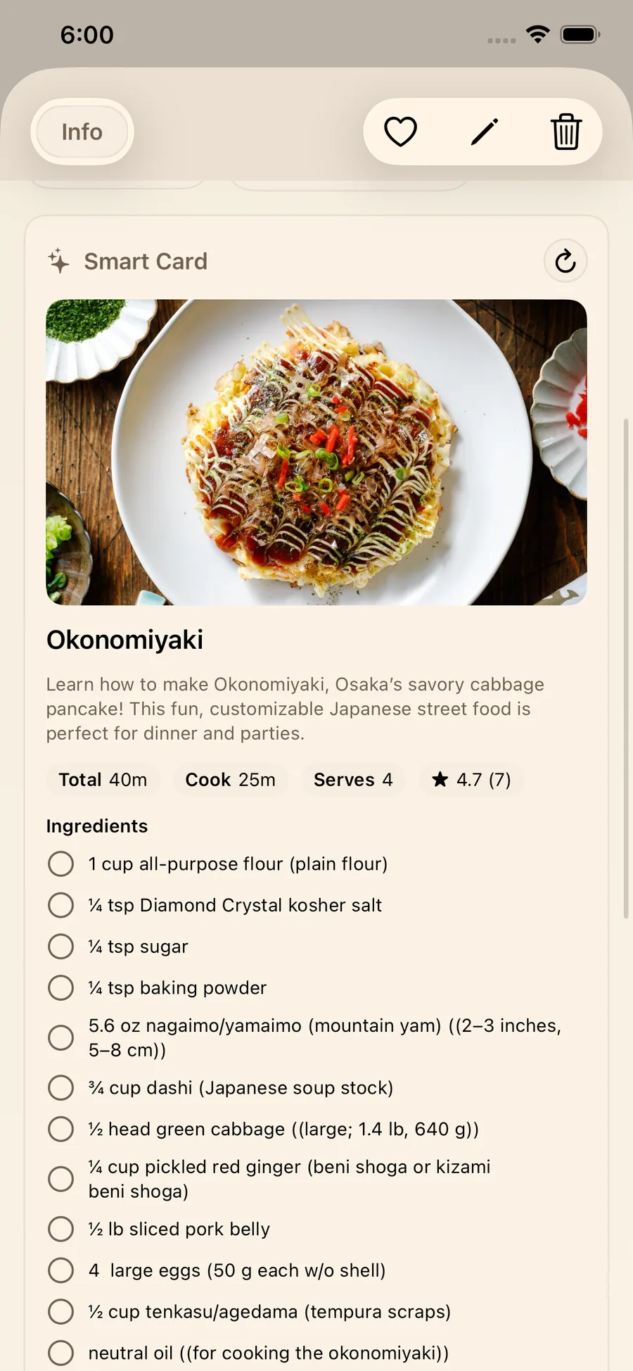 Recipe Smart Card detail with ingredient checklist, time, and servings