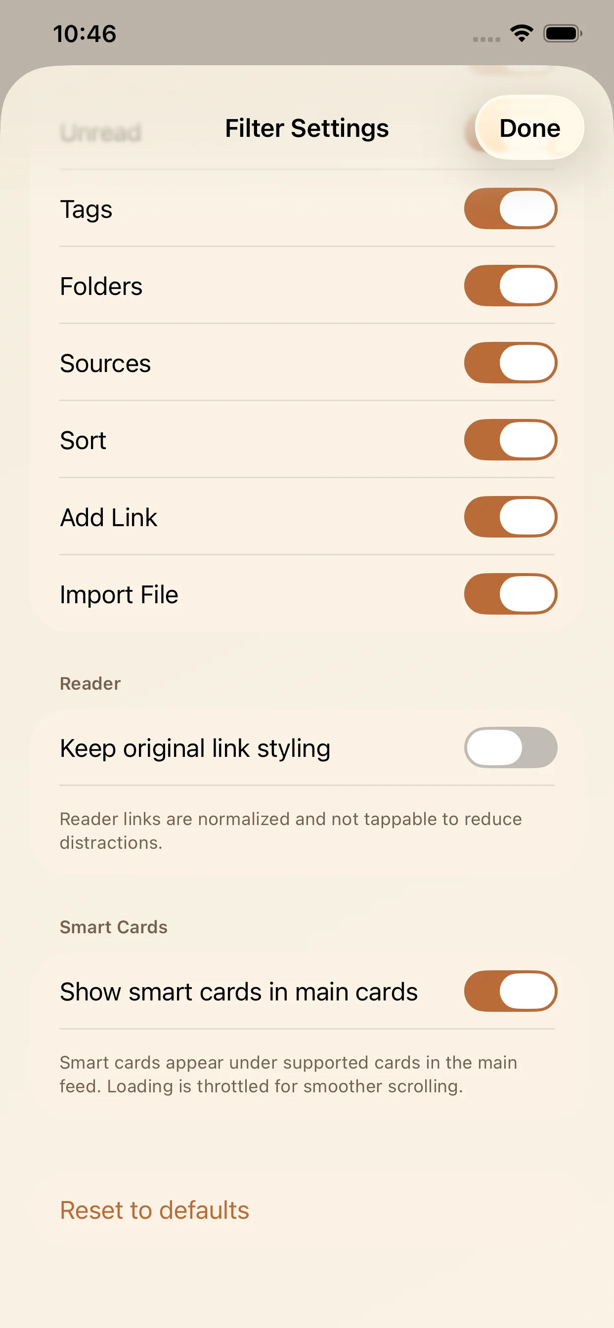 Main layout with Reddit Smart Card enabled under a saved Reddit link.