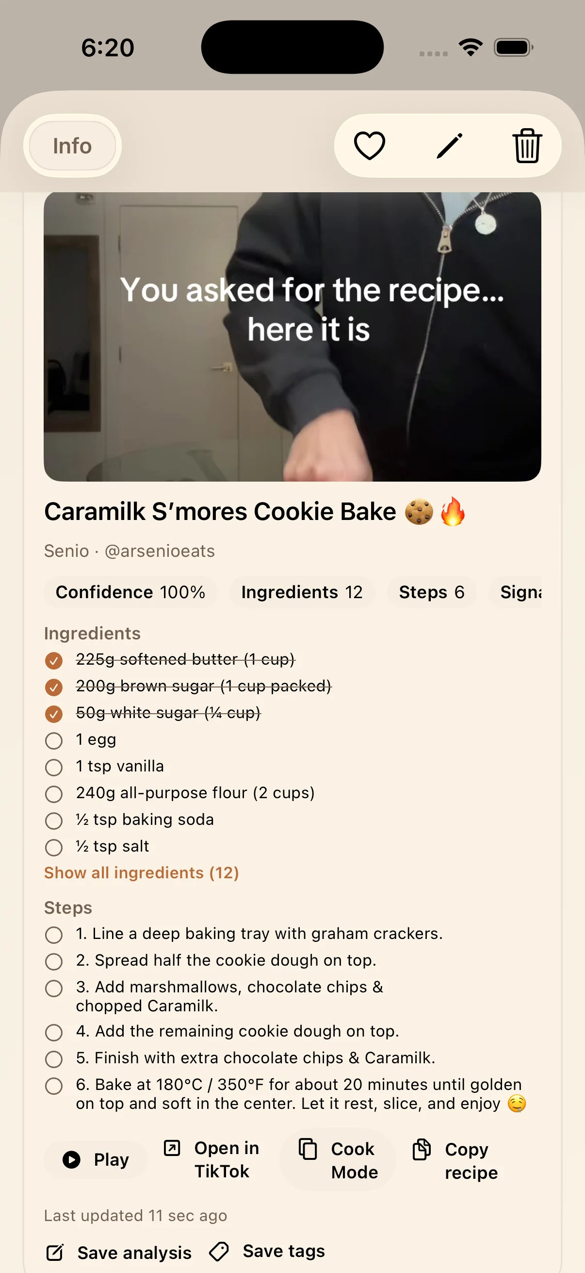LinkBook TikTok recipe smart card with checked ingredients while cooking on iPhone