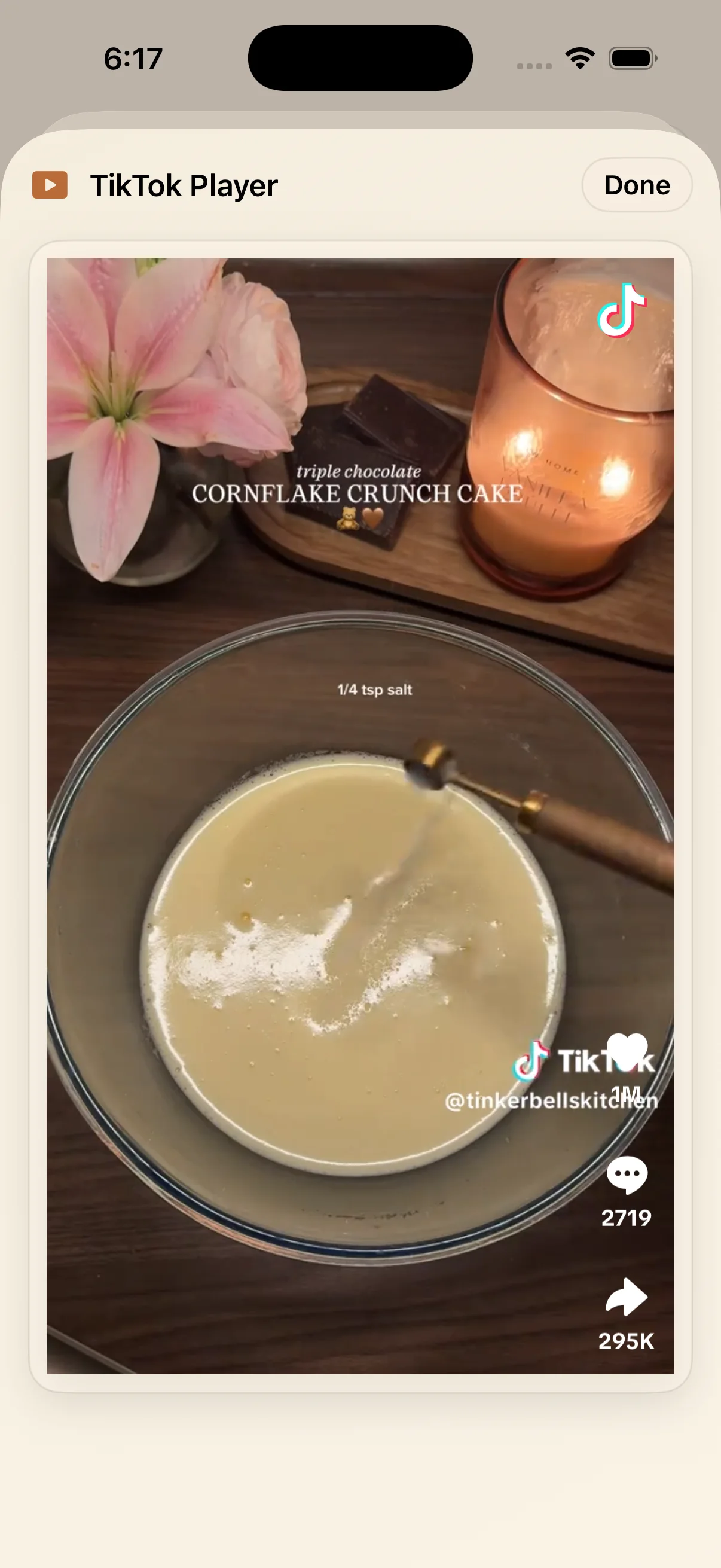 TikTok player opened from a saved LinkBook entry showing a recipe video on iPhone