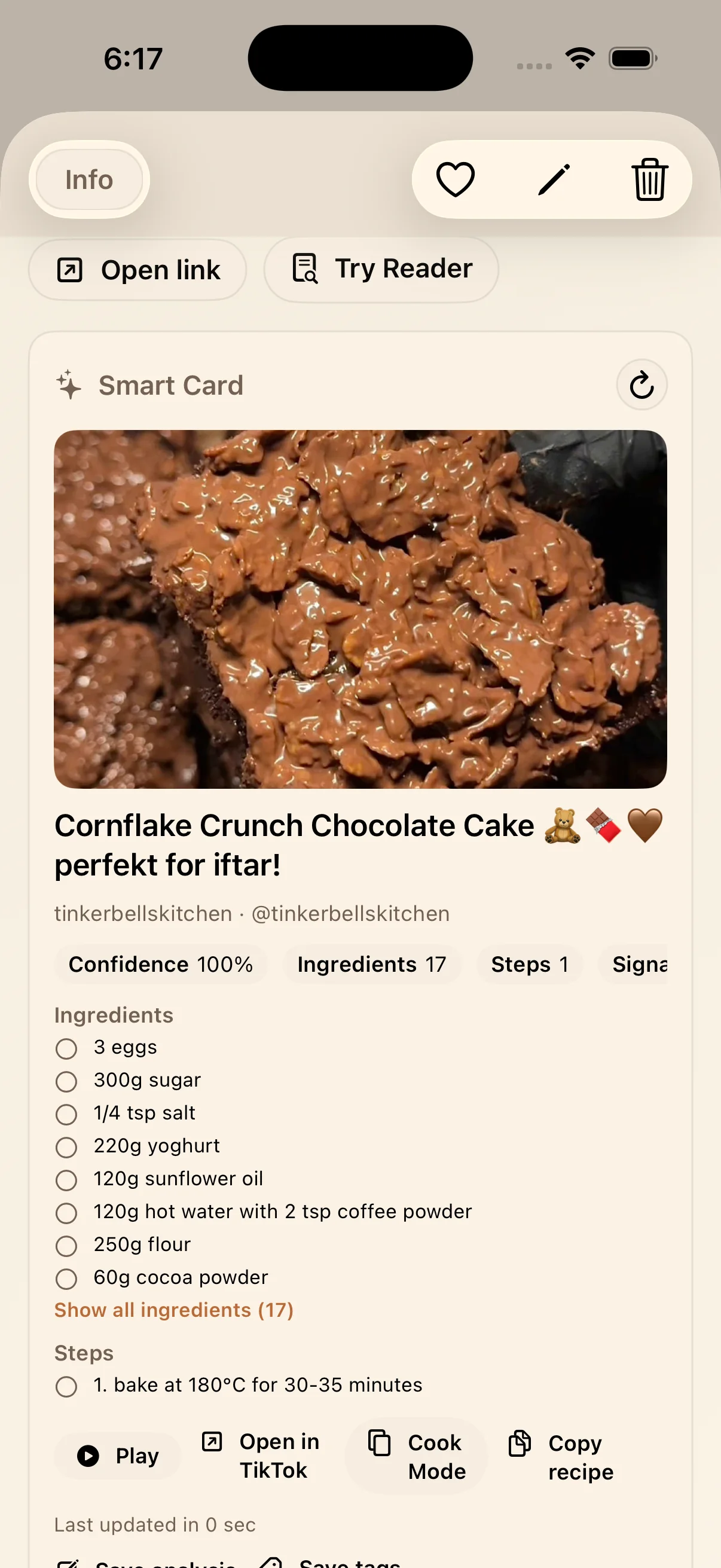 LinkBook TikTok recipe smart card showing extracted ingredients and steps for a chocolate cake video