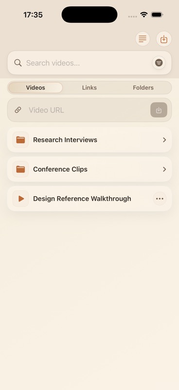 LinkBook Videos tab on iPhone with saved video folders and a video URL field