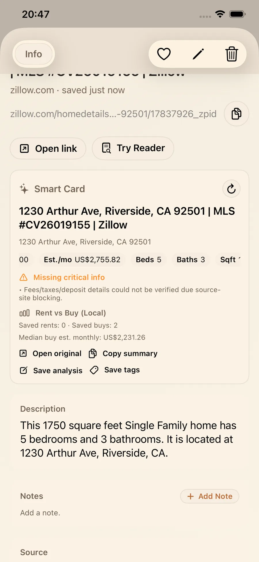 Second Zillow Smart Card example used for side-by-side property research