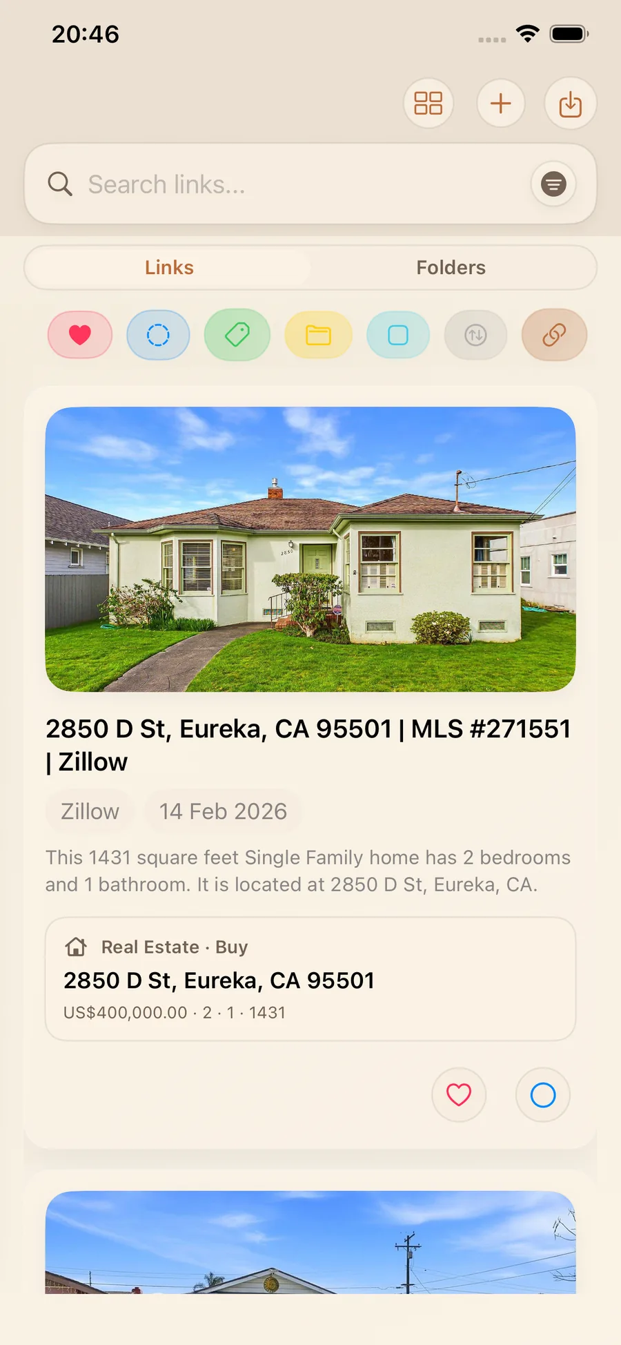 Zillow Smart Card in LinkBook feed showing property image, address, and key listing details