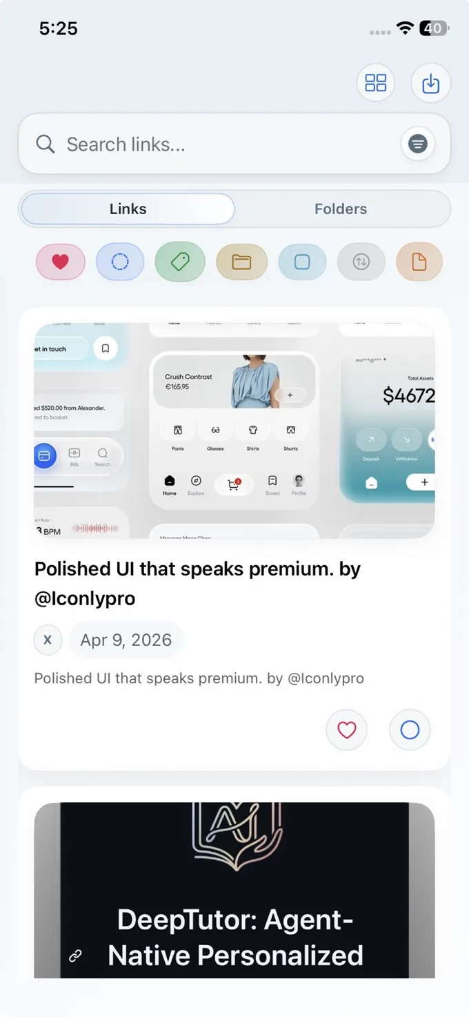 LinkBook private saved-link library on iPhone with cards and folders
