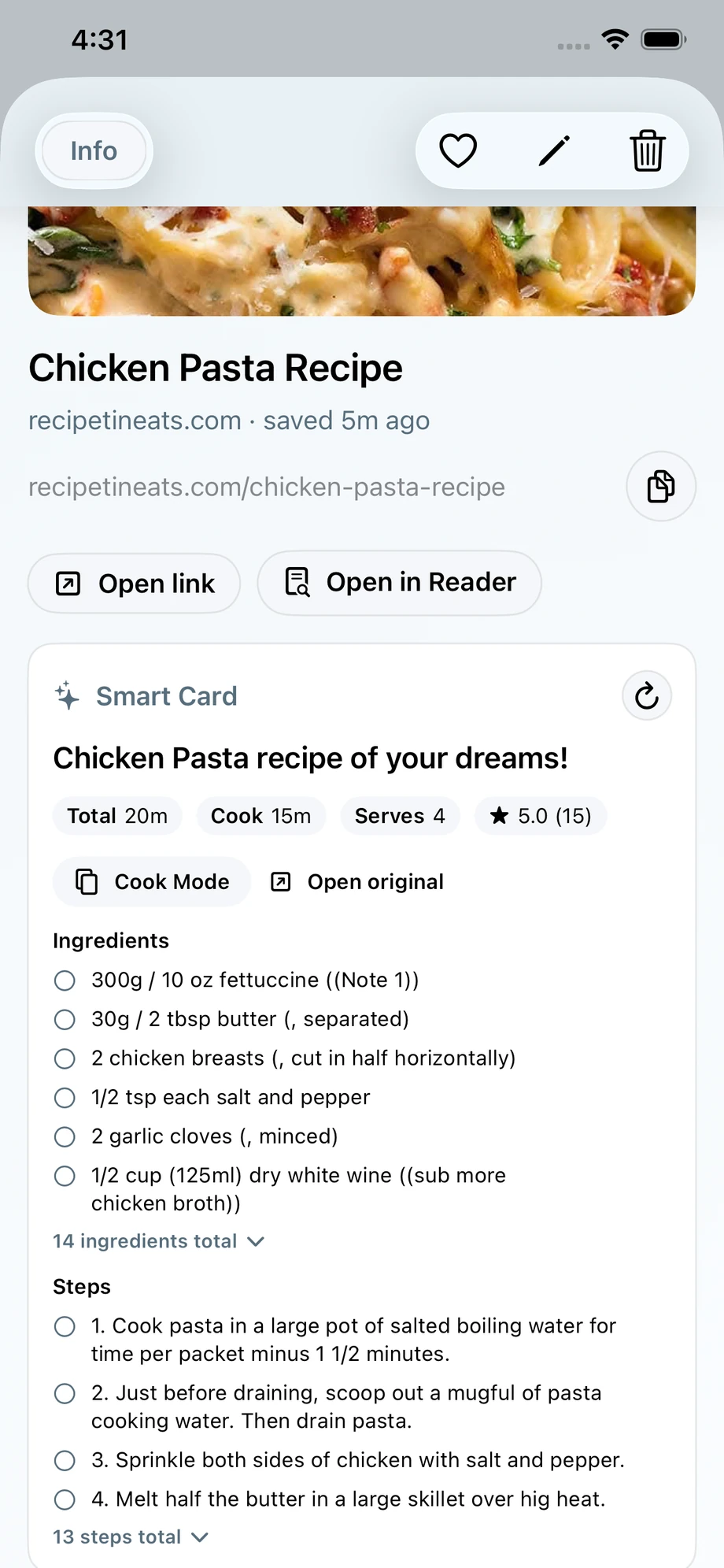 LinkBook recipe smart card showing ingredients, steps, cook time, servings, and cook mode actions