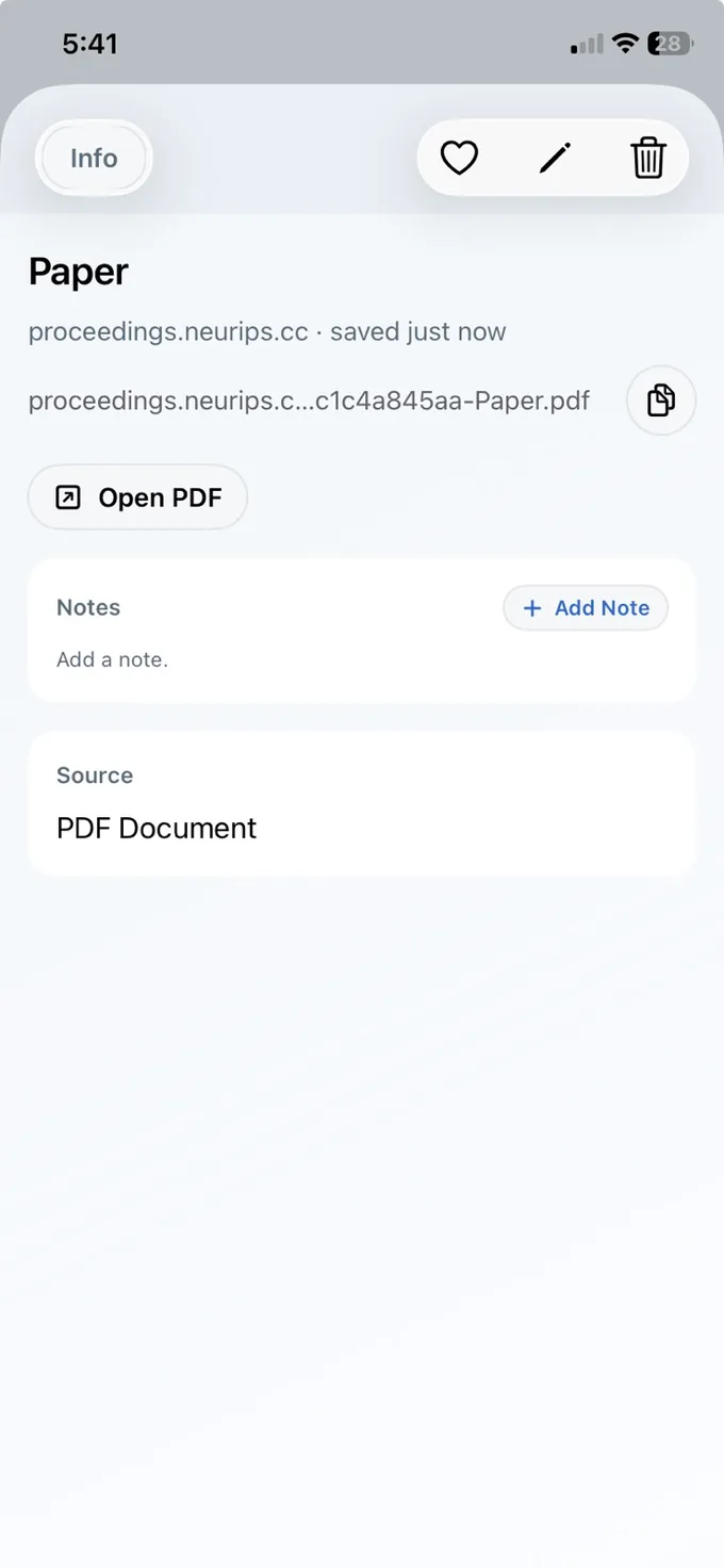 LinkBook PDF detail screen on iPhone with reading actions