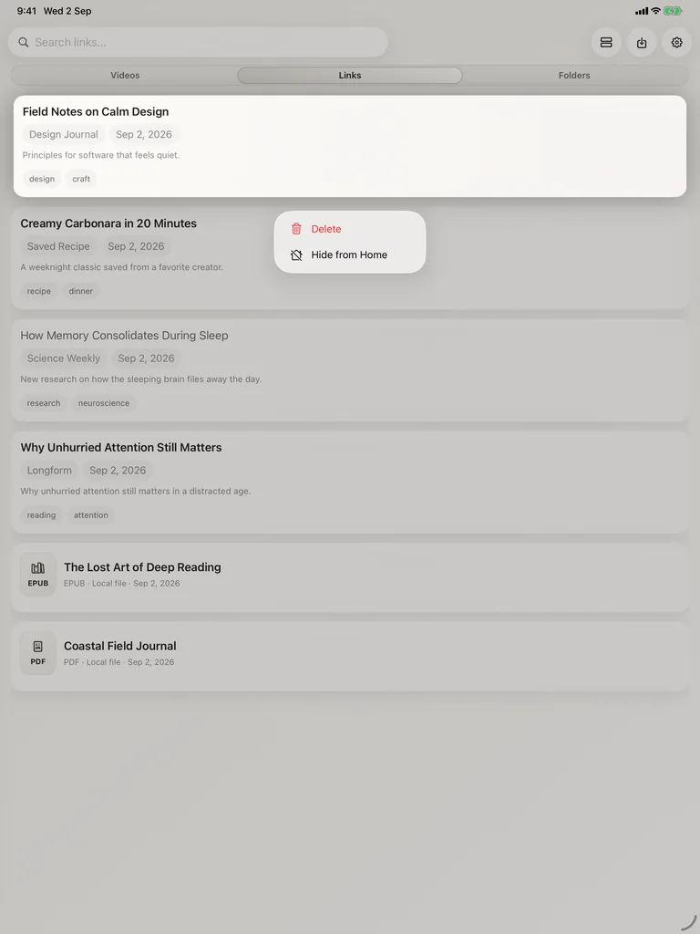 خيار Hide from Home على iPad في مكتبة تجريبية