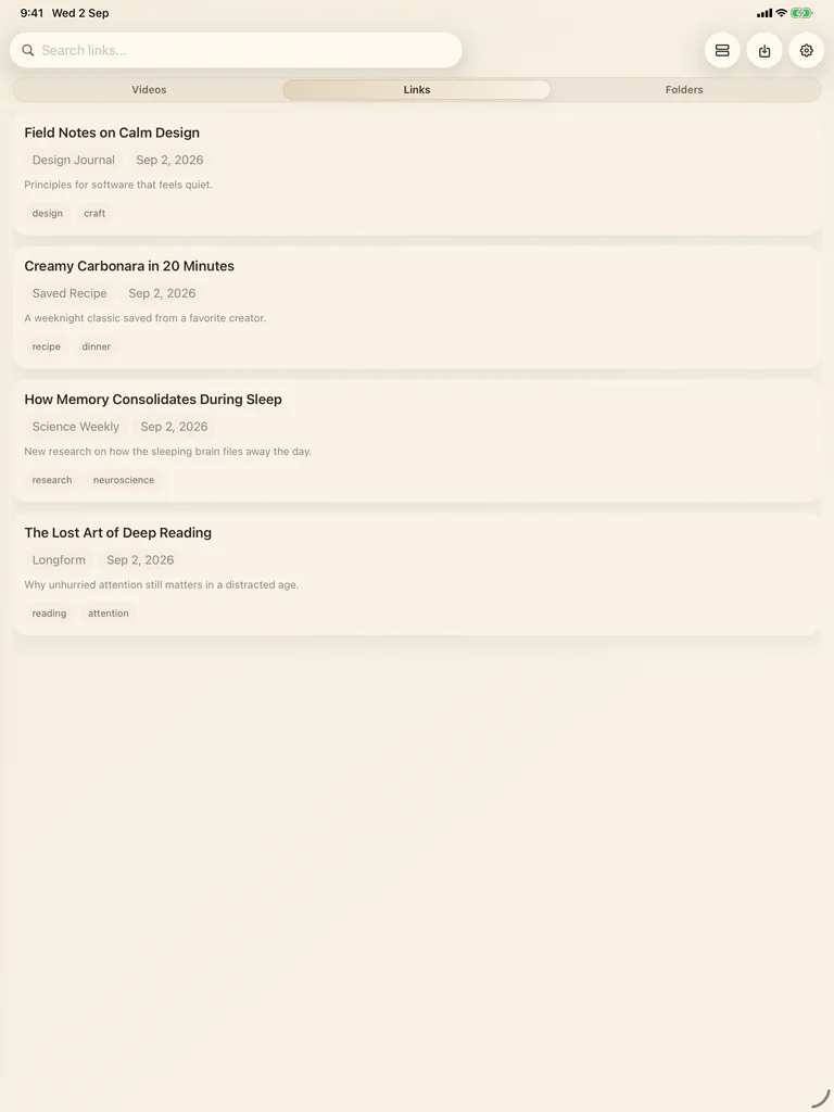 LinkBook on iPad with articles, an EPUB and a PDF