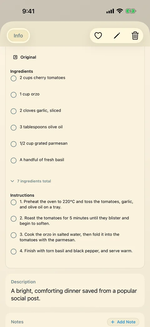 Ingredients and instructions in a LinkBook Recipe Smart Card