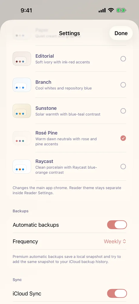 LinkBook Settings with iCloud Sync and imported reading file controls