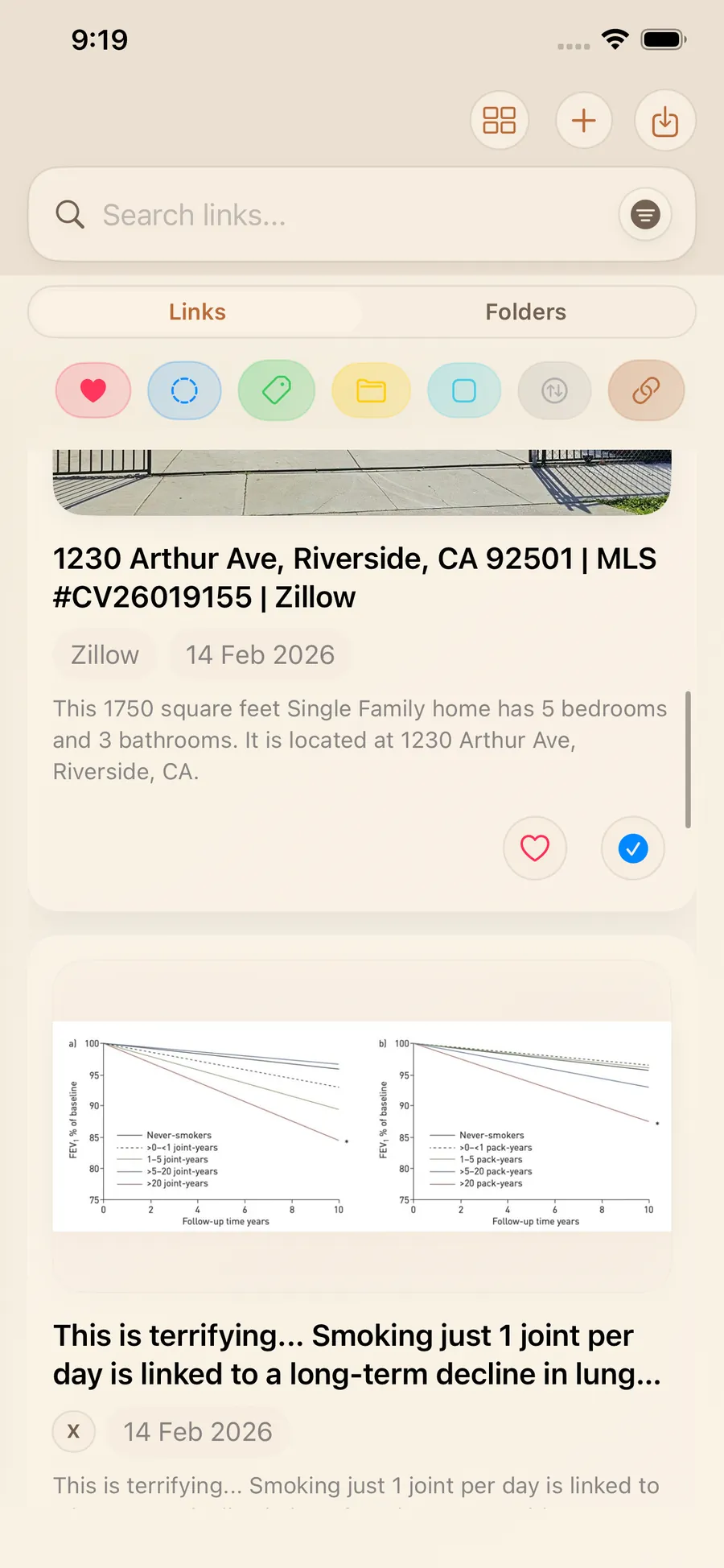 LinkBook feed with Airbnb and TikTok cards in one list