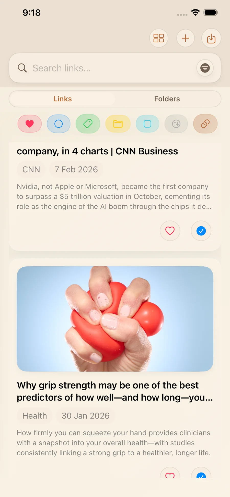 LinkBook mixed-source feed with saved CNN and health articles, source labels, and dates