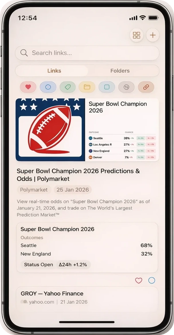 LinkBook links view showing smart cards and link previews